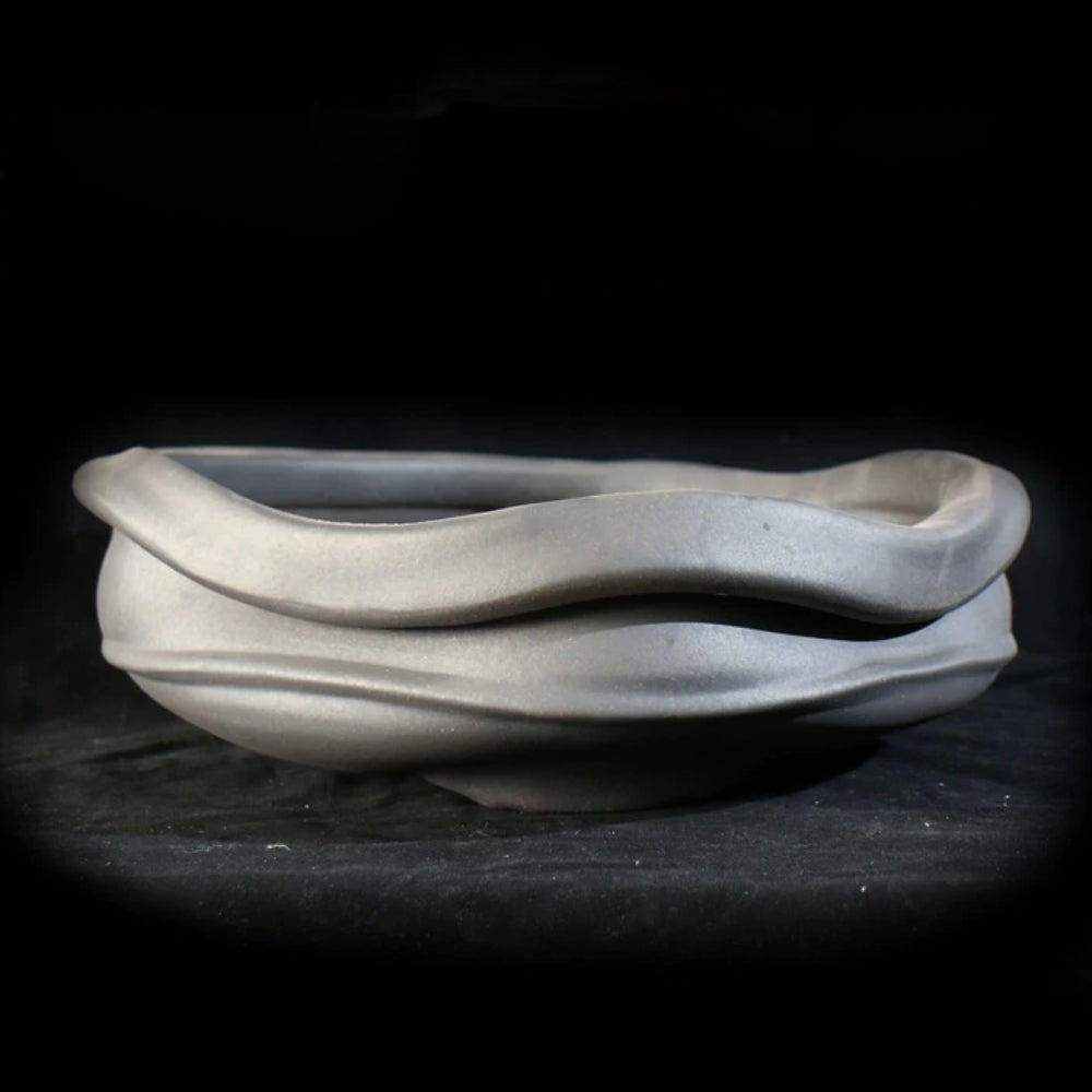 13.3 inch (34cm) Large Irregular Round Gray Unglazed Bonsai Pot with Sculptural Wavy Rim