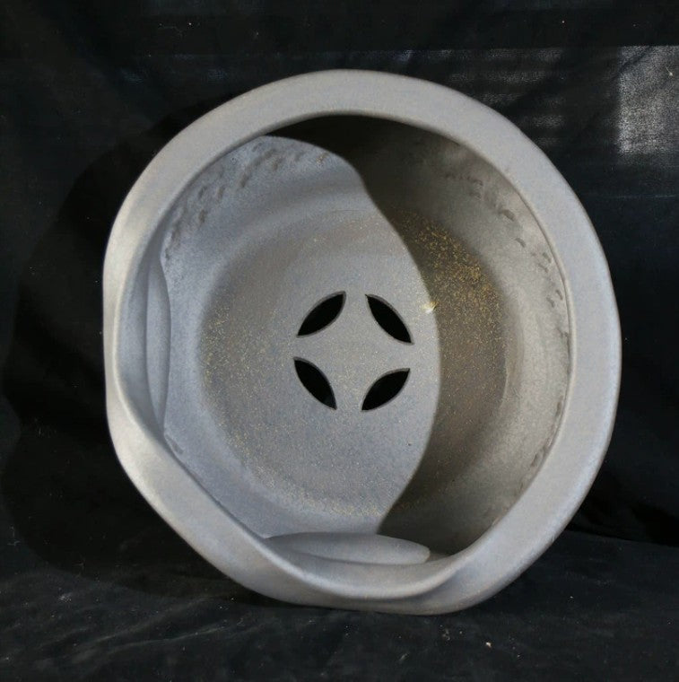 13.3 inch (34cm) Large Irregular Round Gray Unglazed Bonsai Pot with Sculptural Wavy Rim Inner View