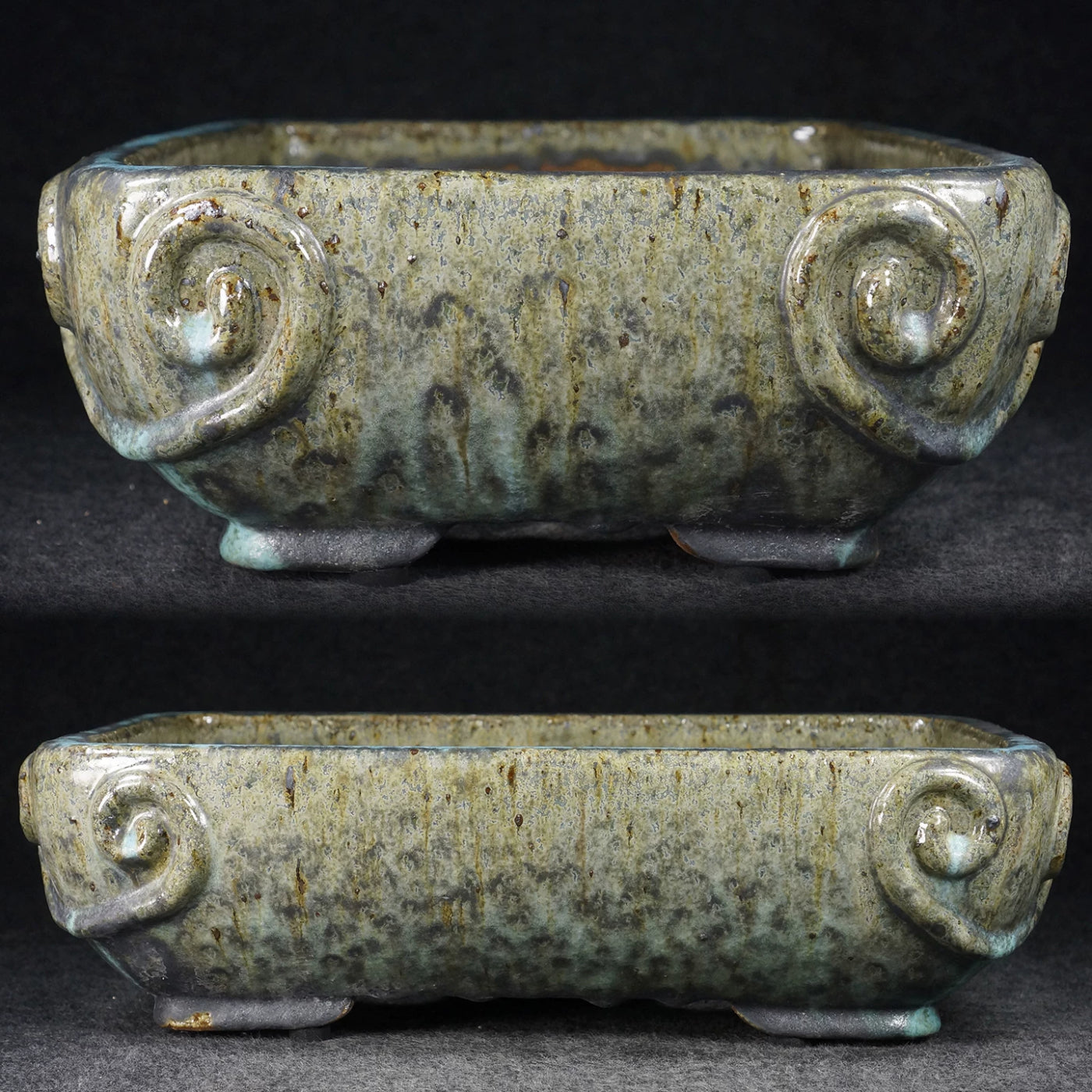 13.3 inch (34cm) Large Rectangular Taisho Kiln Fired Green Multi-Tone Glaze Bonsai Pot Side View