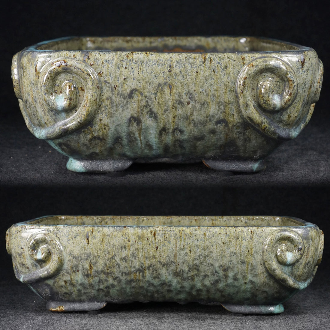 13.3 inch (34cm) Large Rectangular Taisho Kiln Fired Green Multi-Tone Glaze Bonsai Pot Side View