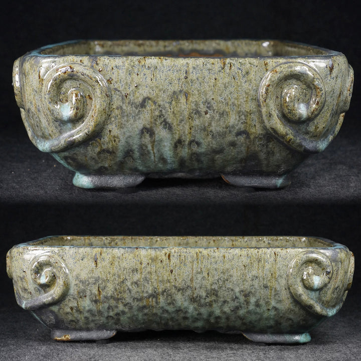 13.3 inch (34cm) Large Rectangular Taisho Kiln Fired Green Multi-Tone Glaze Bonsai Pot Side View