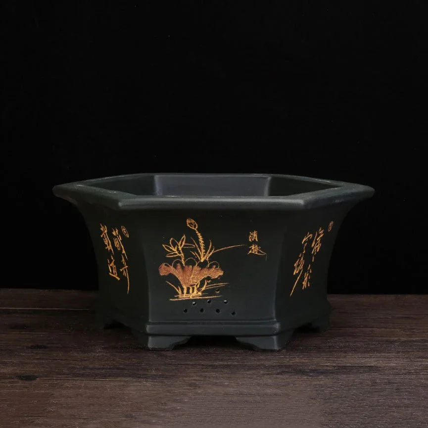 13.5" (34.3cm) Large Hexagonal Engraved Deep Bonsai Pots Black Color