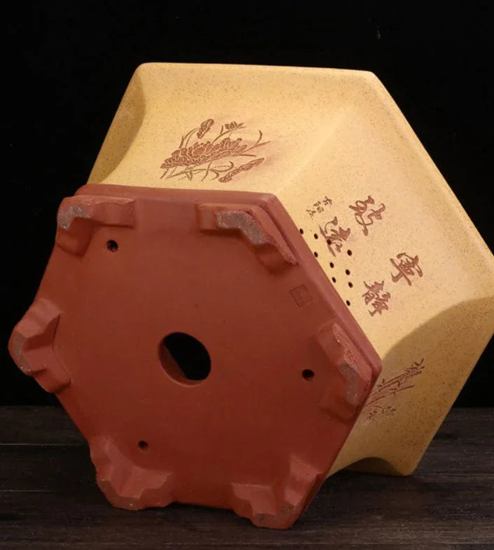 13.5" (34.3cm) Large Hexagonal Engraved Deep Bonsai Pots Bottom View