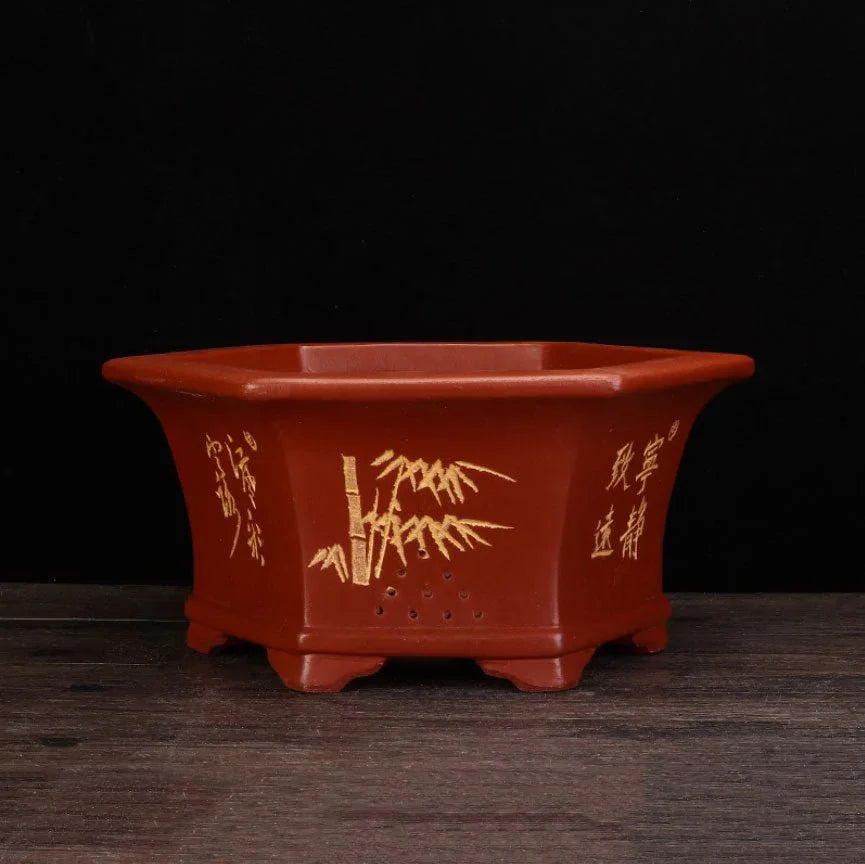 13.5" (34.3cm) Large Hexagonal Engraved Deep Bonsai Pots Red Color