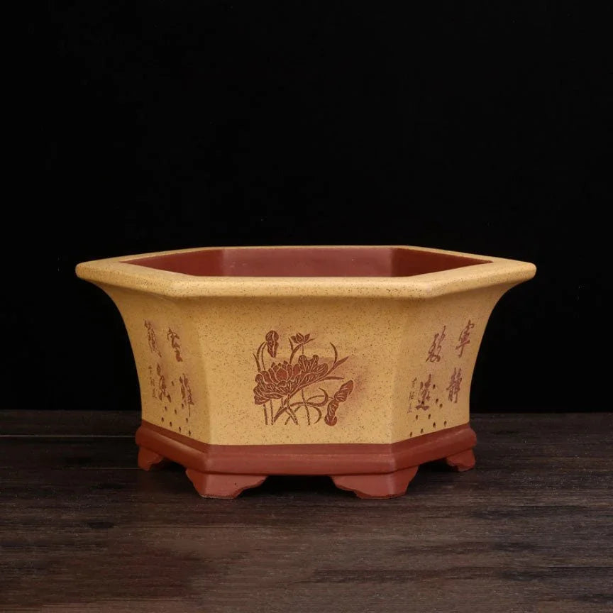 13.5" (34.3cm) Large Hexagonal Engraved Deep Bonsai Pots Yellow Color
