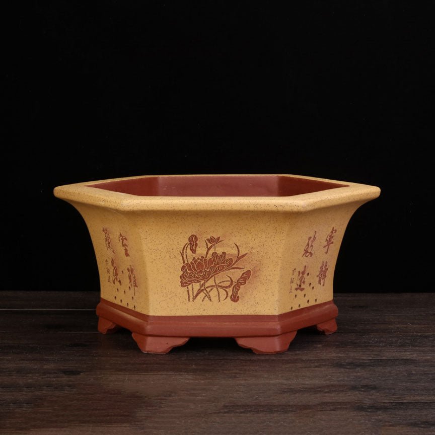 13.5" (34.3cm) Large Hexagonal Engraved Deep Bonsai Pots Yellow Color