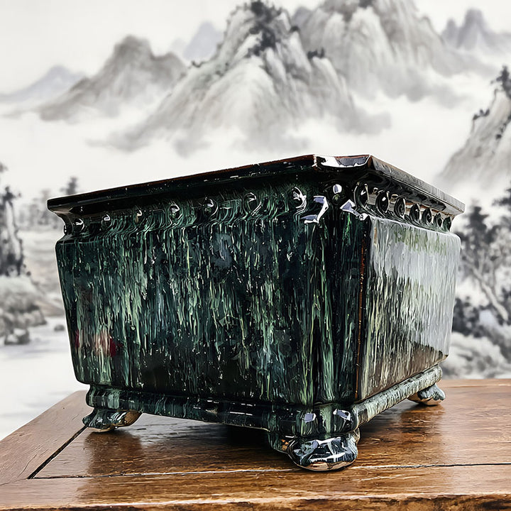 13.5" (34.5cm) Large 8" (20.5cm) Deep Square Exclusive Glazed Bonsai Pot Corner View