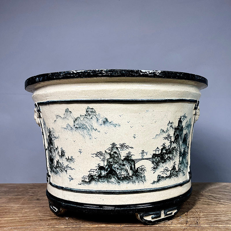 13.5 inch (34.5cm) Large 9.4 inch (24cm) Deep Round Hand-Painted Semi Cascade Bonsai Pot
