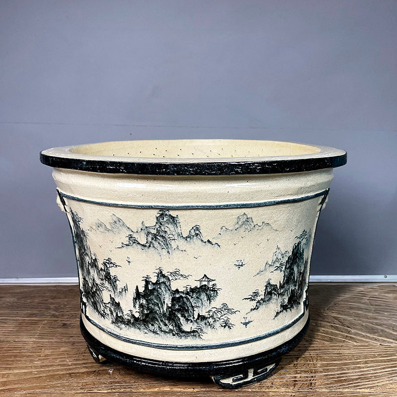 13.5 inch (34.5cm) Large 9.4 inch (24cm) Deep Round Hand-Painted Semi Cascade Bonsai Pot Top View