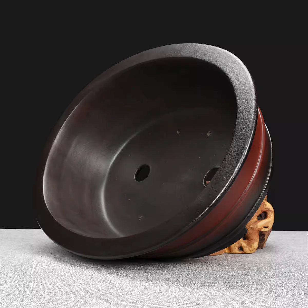 13.5 inch (34.5cm) Large Oval Redish Brown-Black Dual Tone Antique Styl Bonsai Pot Side View