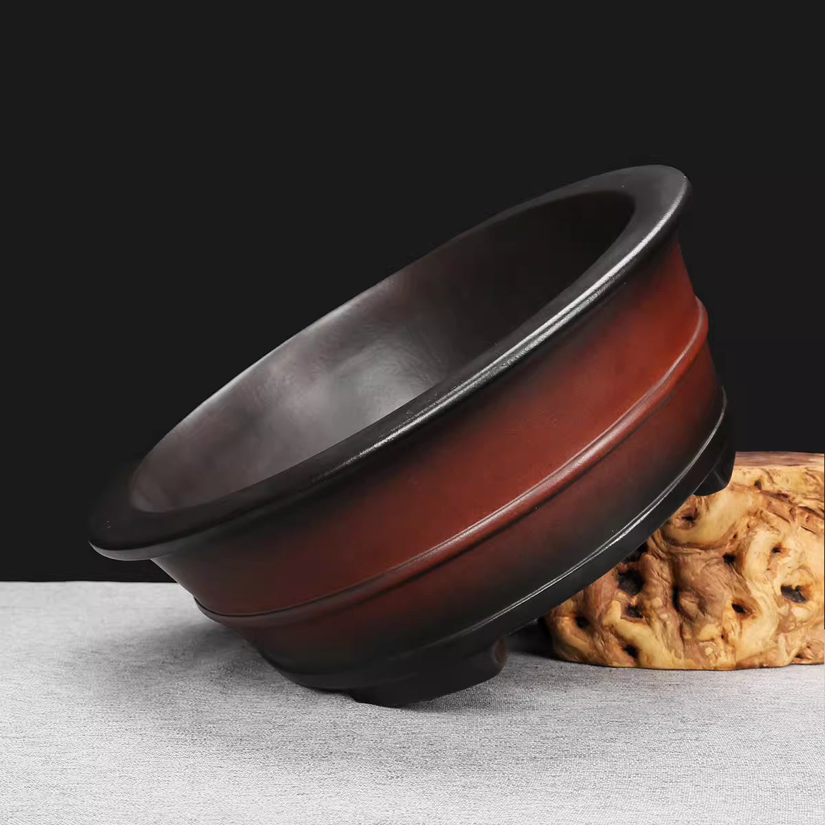 13.5 inch (34.5cm) Large Oval Redish Brown-Black Dual Tone Antique Styl Bonsai Pot Side View