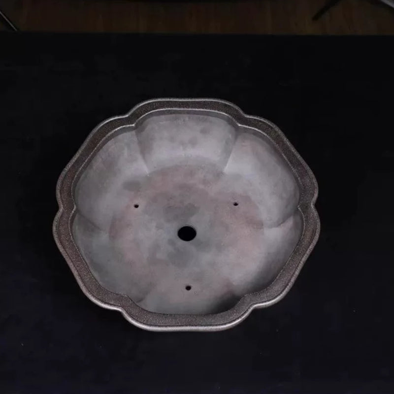 13.6 inch (34.7cm) Large Scalloped Lotus-Shaped Unglazed Bonsai Pot Inner View