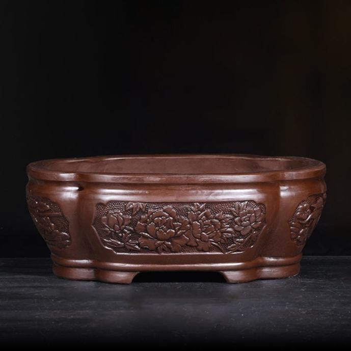 13.7" (35 cm) Large Antique Style Lotus-Shaped Carved Bonsai Pot