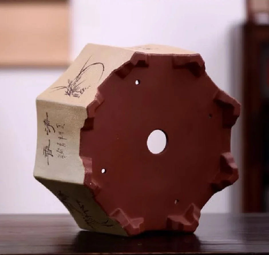 13.7" (35cm) Large Octagonal Handmade Carved Artistic Bonsai Pot Bottom View