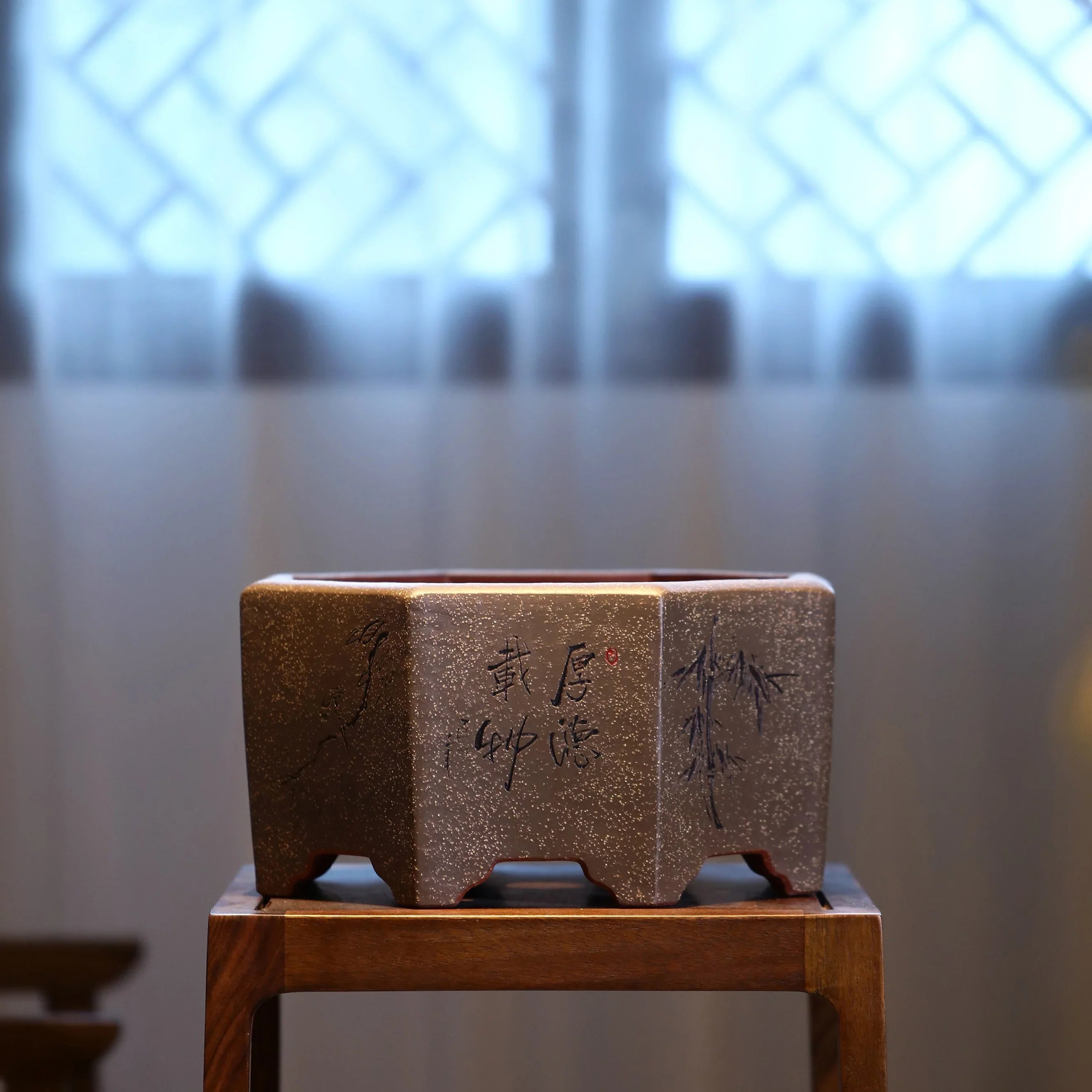 13.7" (35cm) Large Octagonal Handmade Carved Artistic Bonsai Pot Brown color