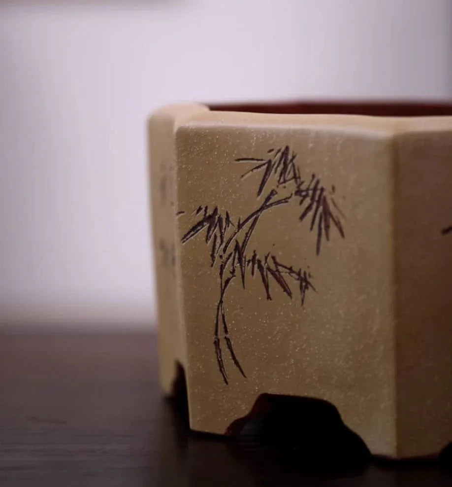 13.7" (35cm) Large Octagonal Handmade Carved Artistic Bonsai Pot Close Shot