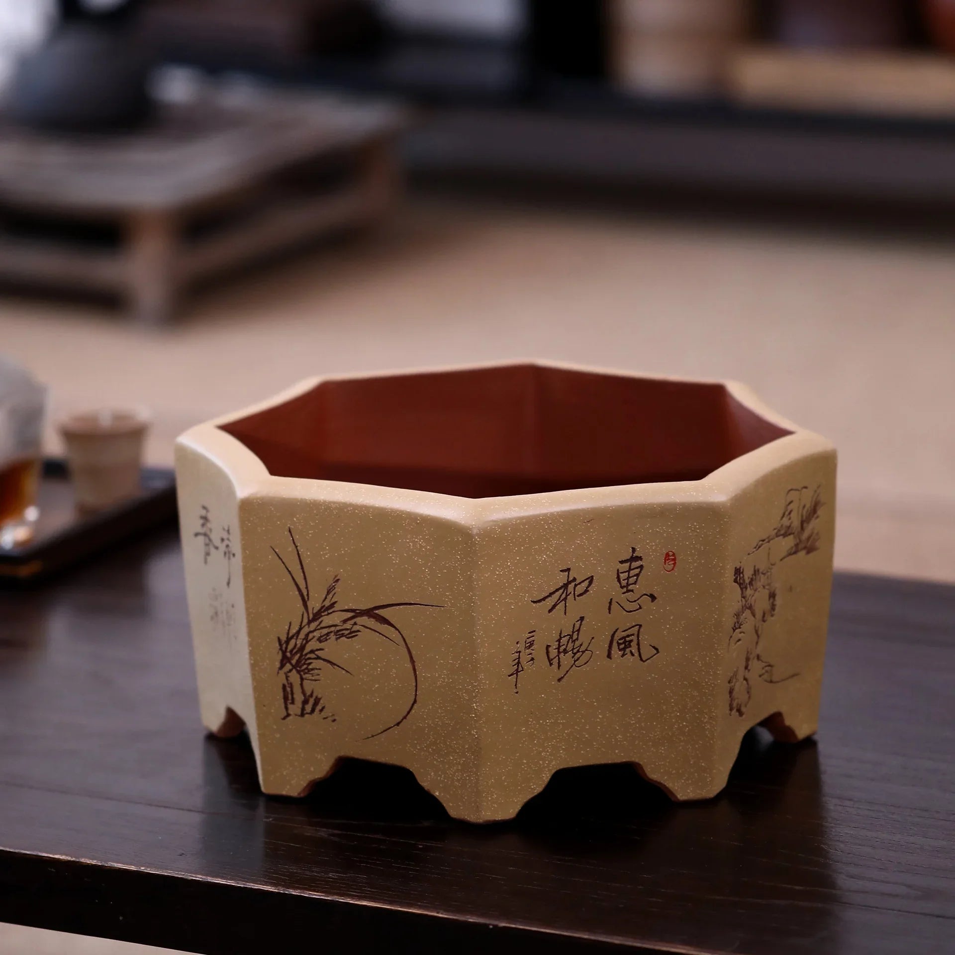 13.7" (35cm) Large Octagonal Handmade Carved Artistic Bonsai Pot Corner View