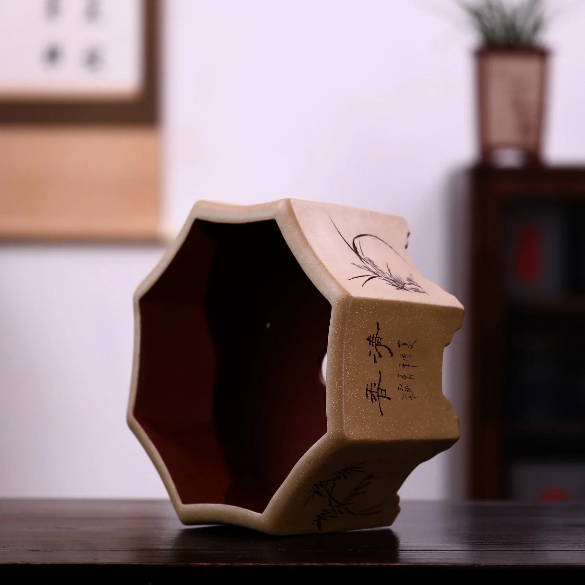 13.7" (35cm) Large Octagonal Handmade Carved Artistic Bonsai Pot Inner View