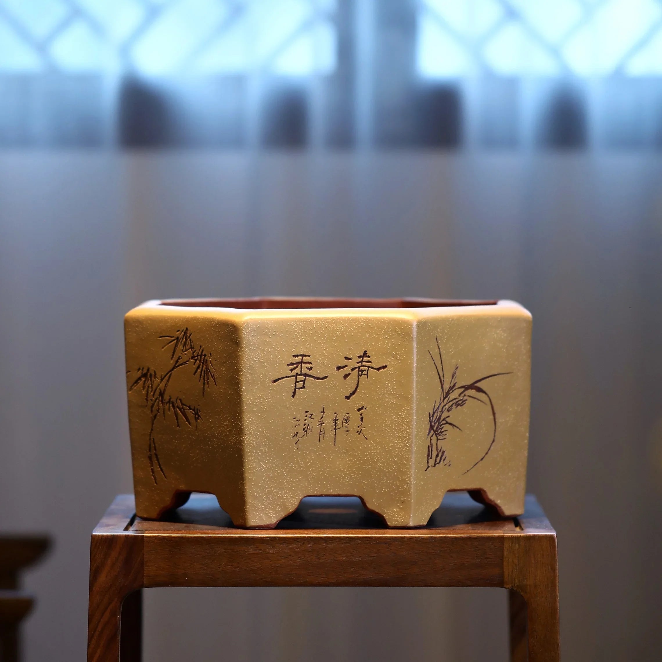 13.7" (35cm) Large Octagonal Handmade Carved Artistic Bonsai Pot Yellow color