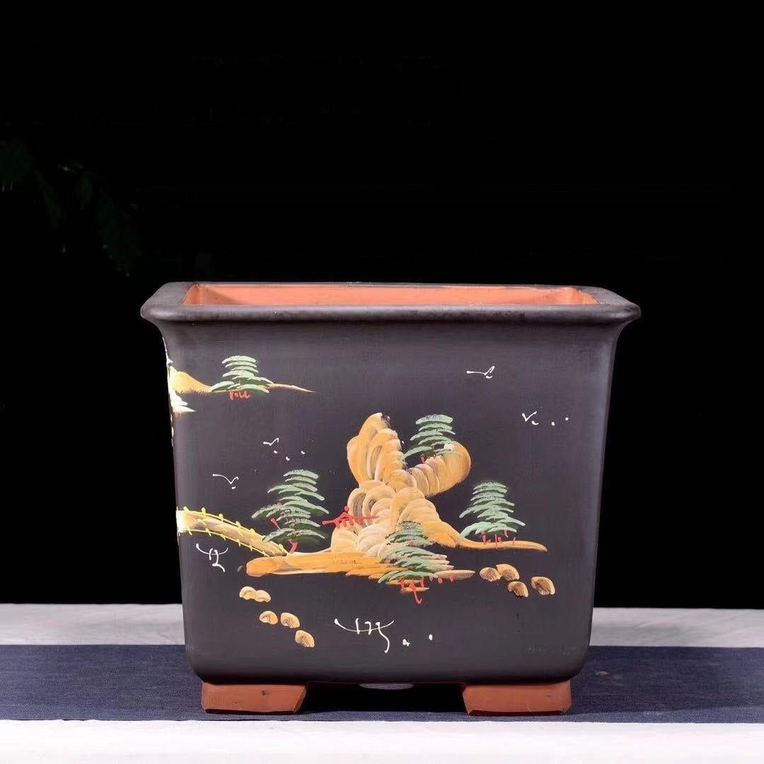 13.7" Large 11.8" Deep Square Artistic Cascade Bonsai Pots Black Color