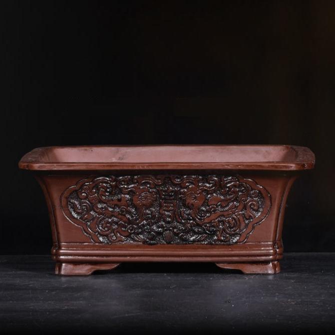 13.7" Large Antique Style Rectangular Carved Pots - Potscape
