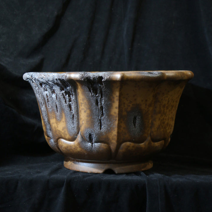 13.7 inch (35cm) Large 8.2 inch (21cm) Deep Lotus-Shaped Bonsai Pot w Eroded Stone-LIke Texture