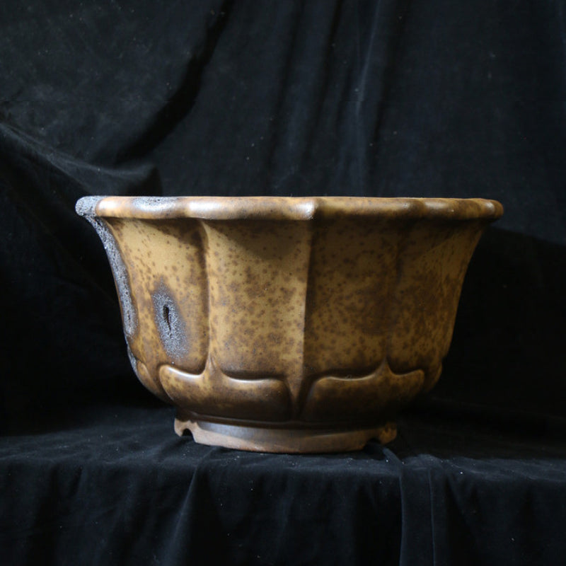 13.7 inch (35cm) Large 8.2 inch (21cm) Deep Lotus-Shaped Bonsai Pot w Eroded Stone-LIke Texture Back View