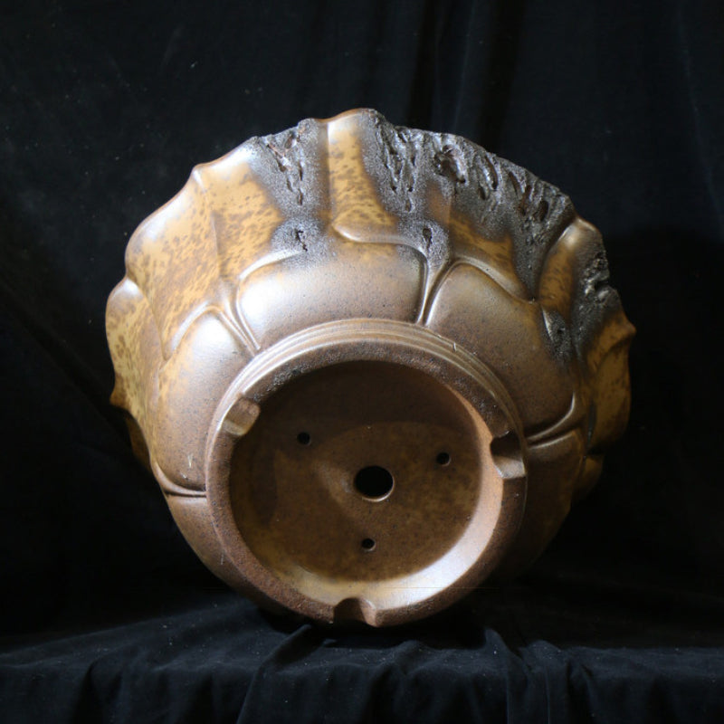 13.7 inch (35cm) Large 8.2 inch (21cm) Deep Lotus-Shaped Bonsai Pot w Eroded Stone-LIke Texture Bottom View
