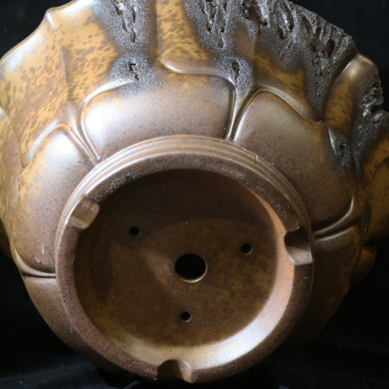 13.7 inch (35cm) Large 8.2 inch (21cm) Deep Lotus-Shaped Bonsai Pot w Eroded Stone-LIke Texture Bottom View Close Shot