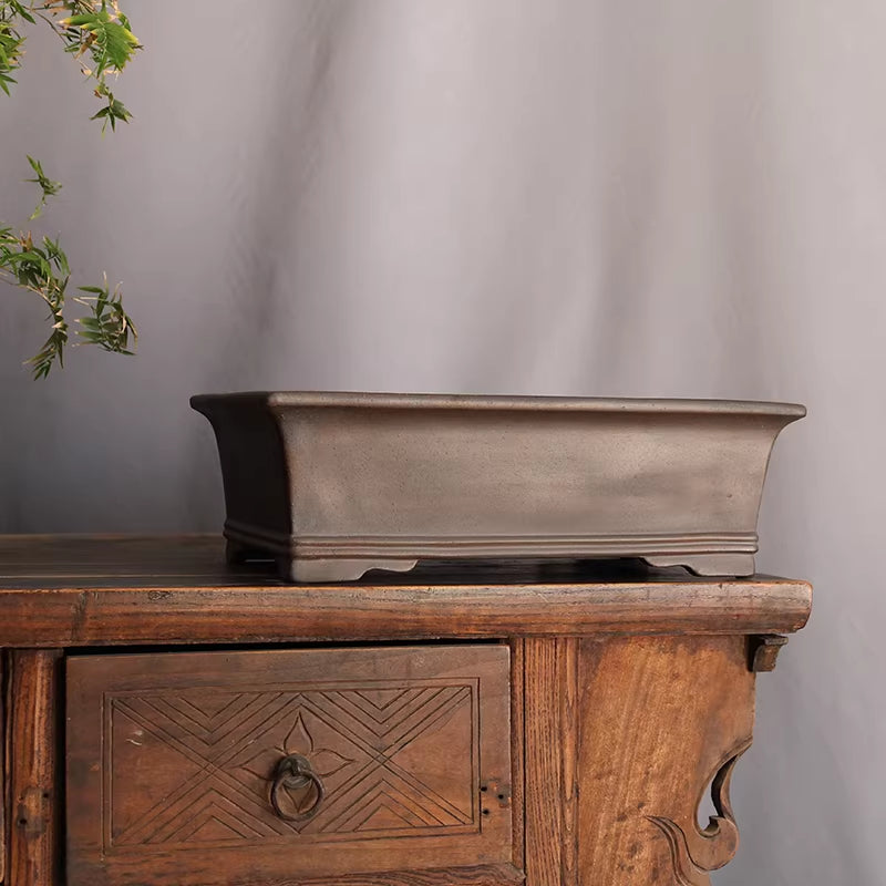 13.7 inch (35cm) Large Classic Rectangular Unglazed Raised Feet Premium Bonsai Pot Corner View