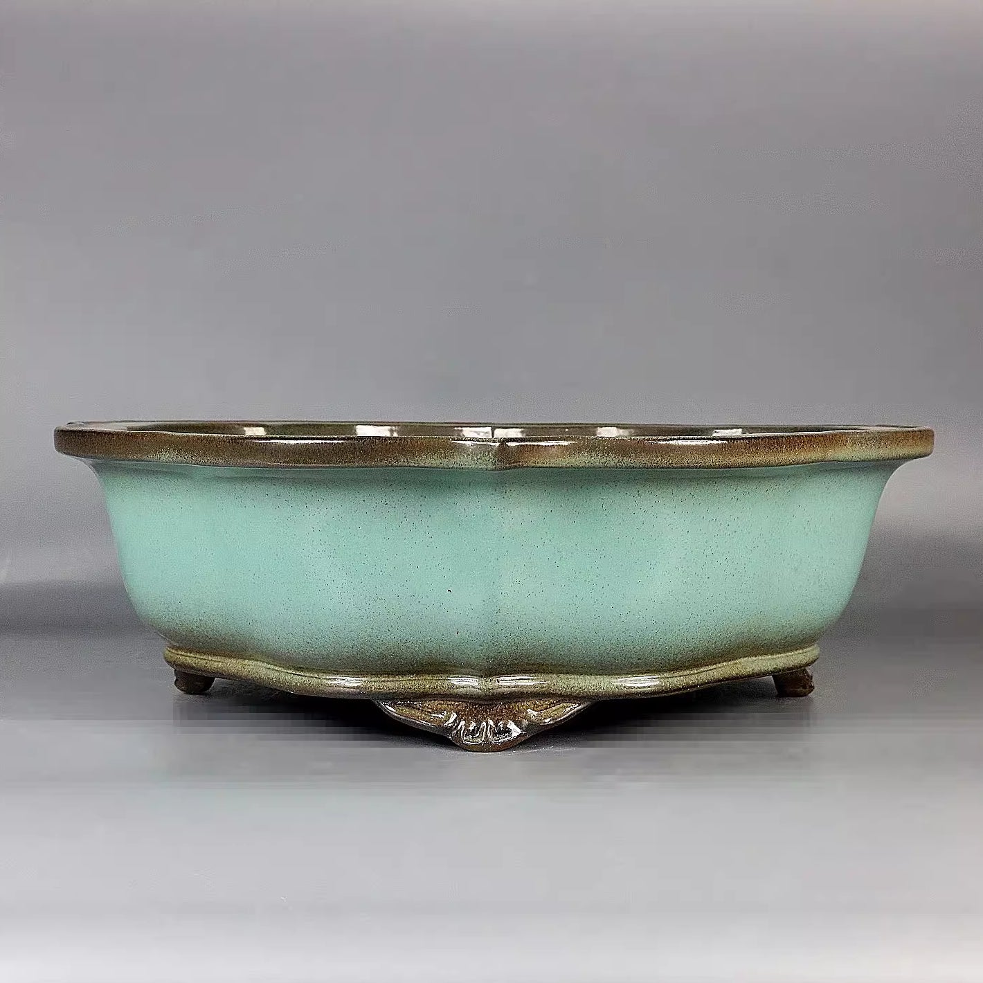13.7 inch (35cm) Large Lotus Shaped Dual-Tone Brown-Green Glaze Bonsai Pot