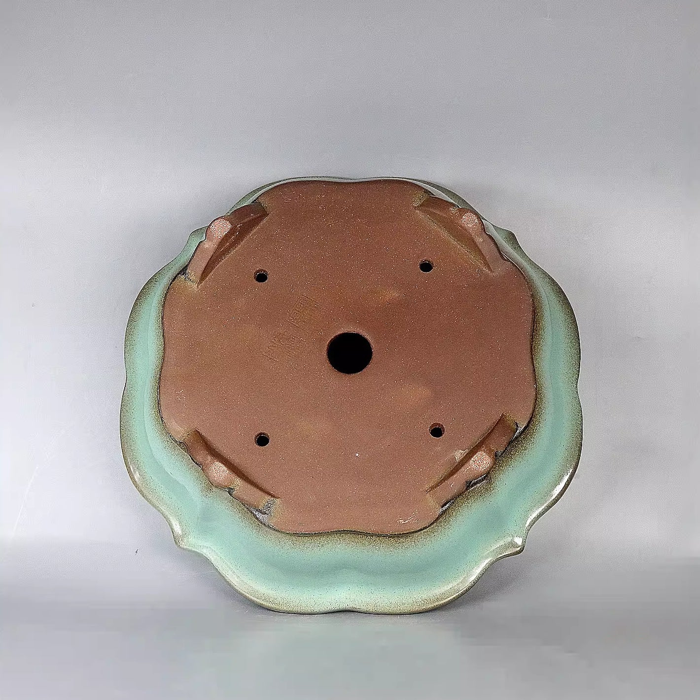 13.7 inch (35cm) Large Lotus Shaped Dual-Tone Brown-Green Glaze Bonsai Pot Bottom View