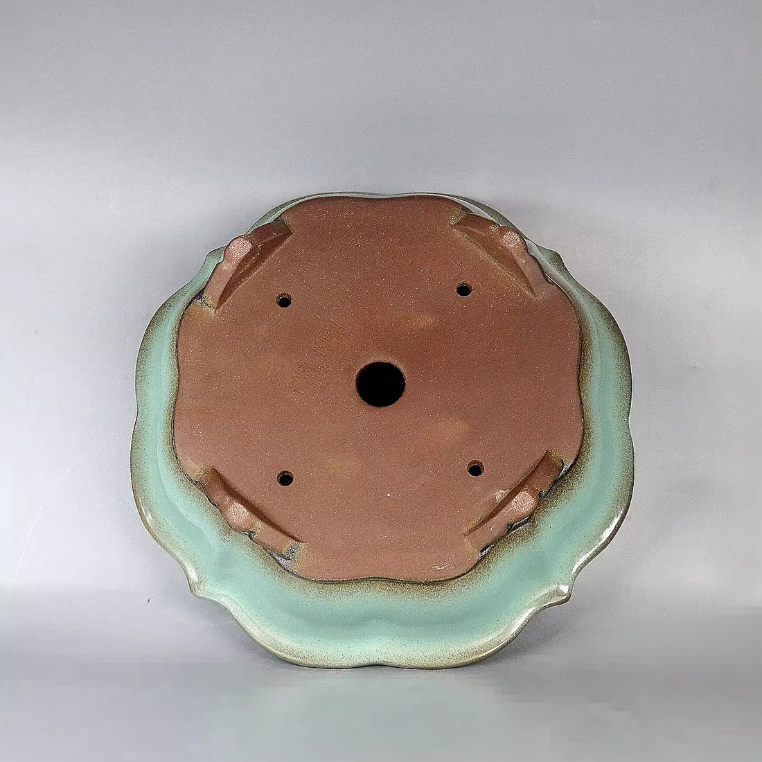 13.7 inch (35cm) Large Lotus Shaped Dual-Tone Brown-Green Glaze Bonsai Pot Bottom View