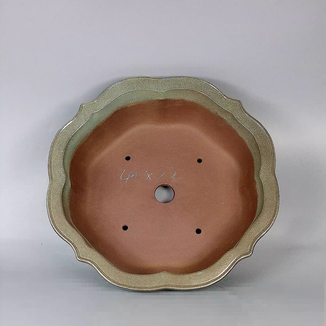 13.7 inch (35cm) Large Lotus Shaped Dual-Tone Brown-Green Glaze Bonsai Pot Inner View