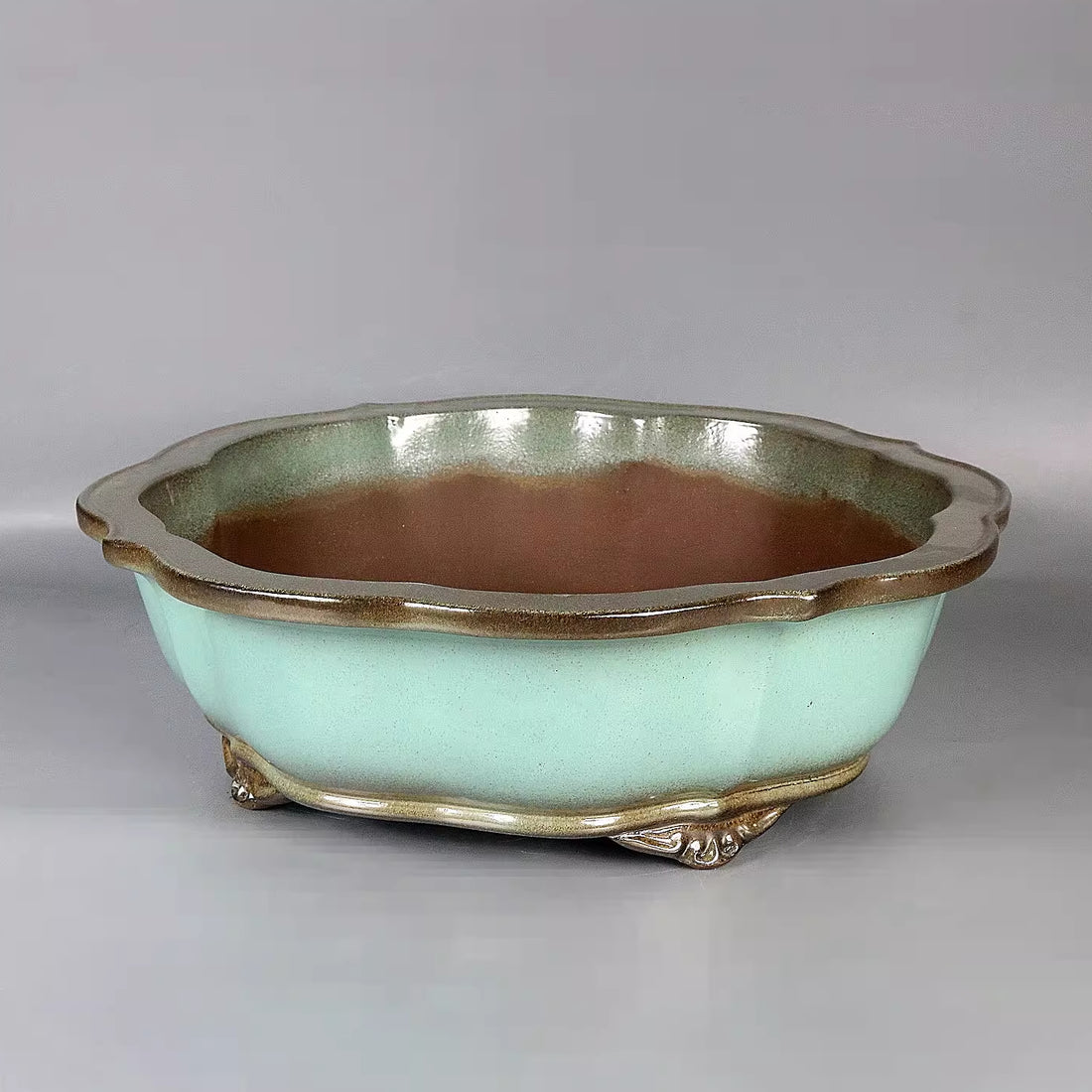 13.7 inch (35cm) Large Lotus Shaped Dual-Tone Brown-Green Glaze Bonsai Pot Top View