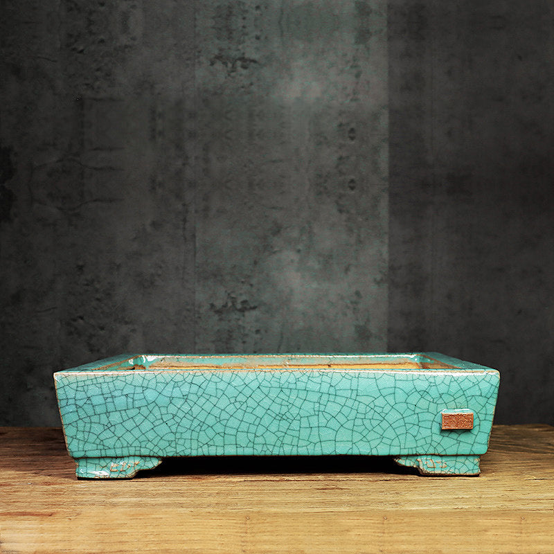 13.7 inch (35cm) Large Rectangle Cracked Glazed Shallow Ceramic Bonsai Pots Green Color