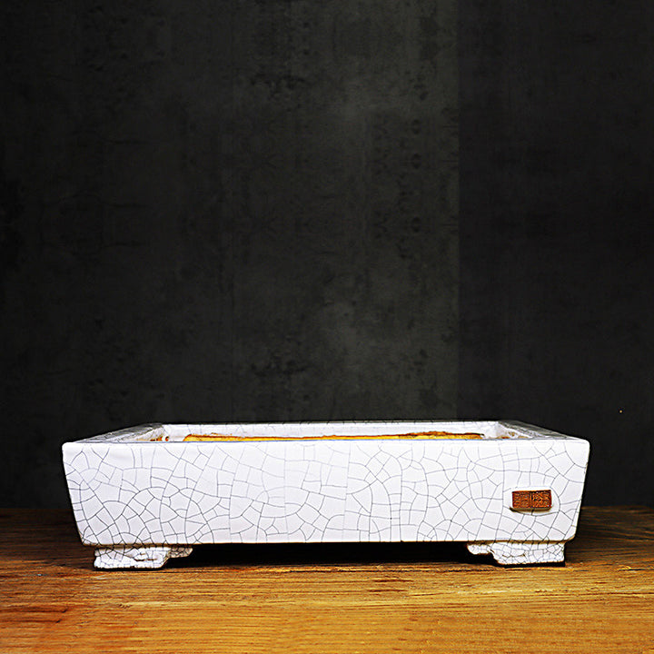 13.7 inch (35cm) Large Rectangle Cracked Glazed Shallow Ceramic Bonsai Pots White Color