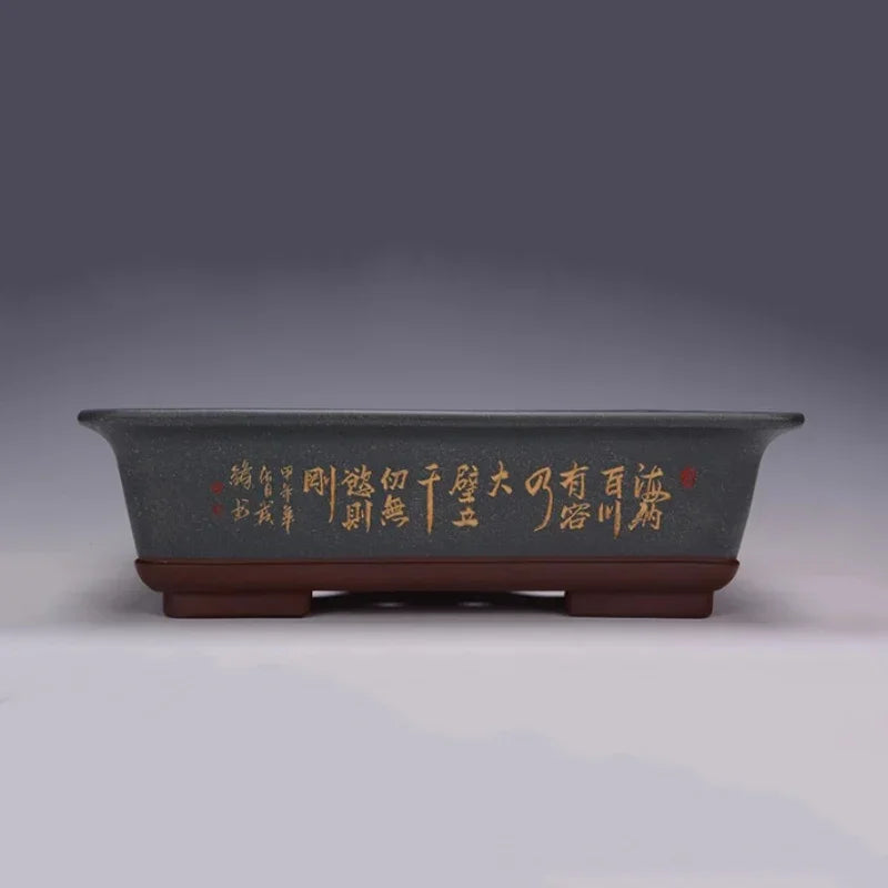 13.7 inch (35cm) Large Traditional Rectangle Bonsai Pot w Chinese Calligraphy Blue Color