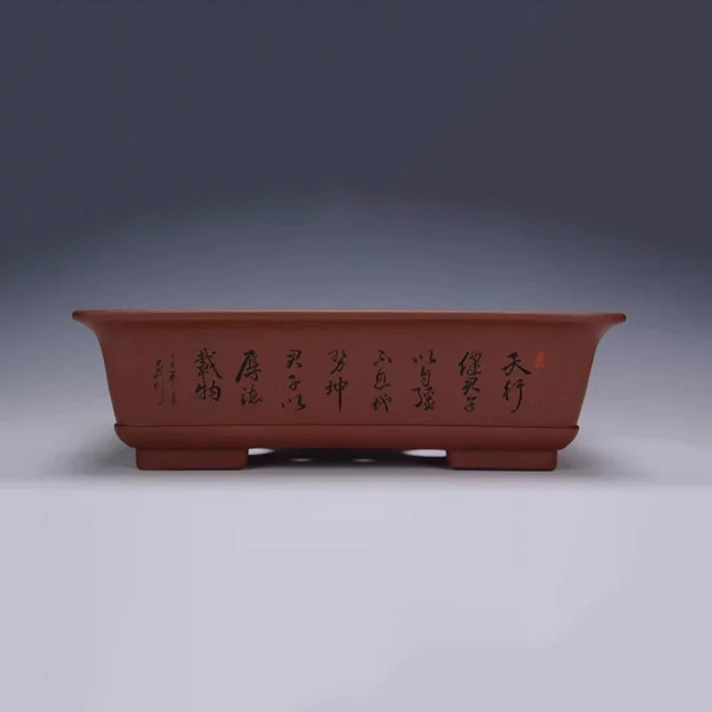 13.7 inch (35cm) Large Traditional Rectangle Bonsai Pot w Chinese Calligraphy Brown Color