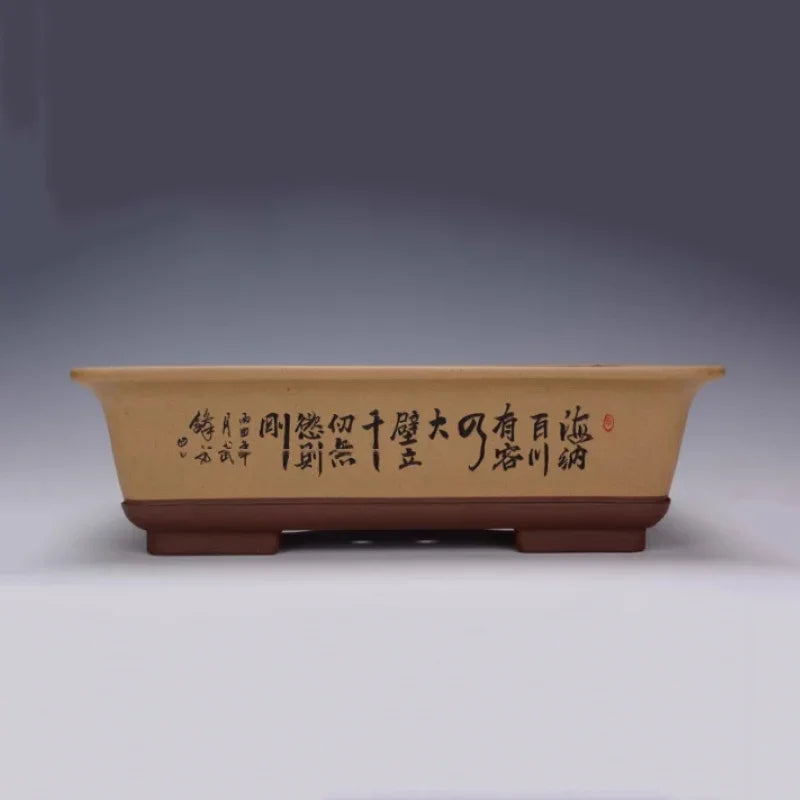 13.7 inch (35cm) Large Traditional Rectangle Bonsai Pot w Chinese Calligraphy Yellow Color