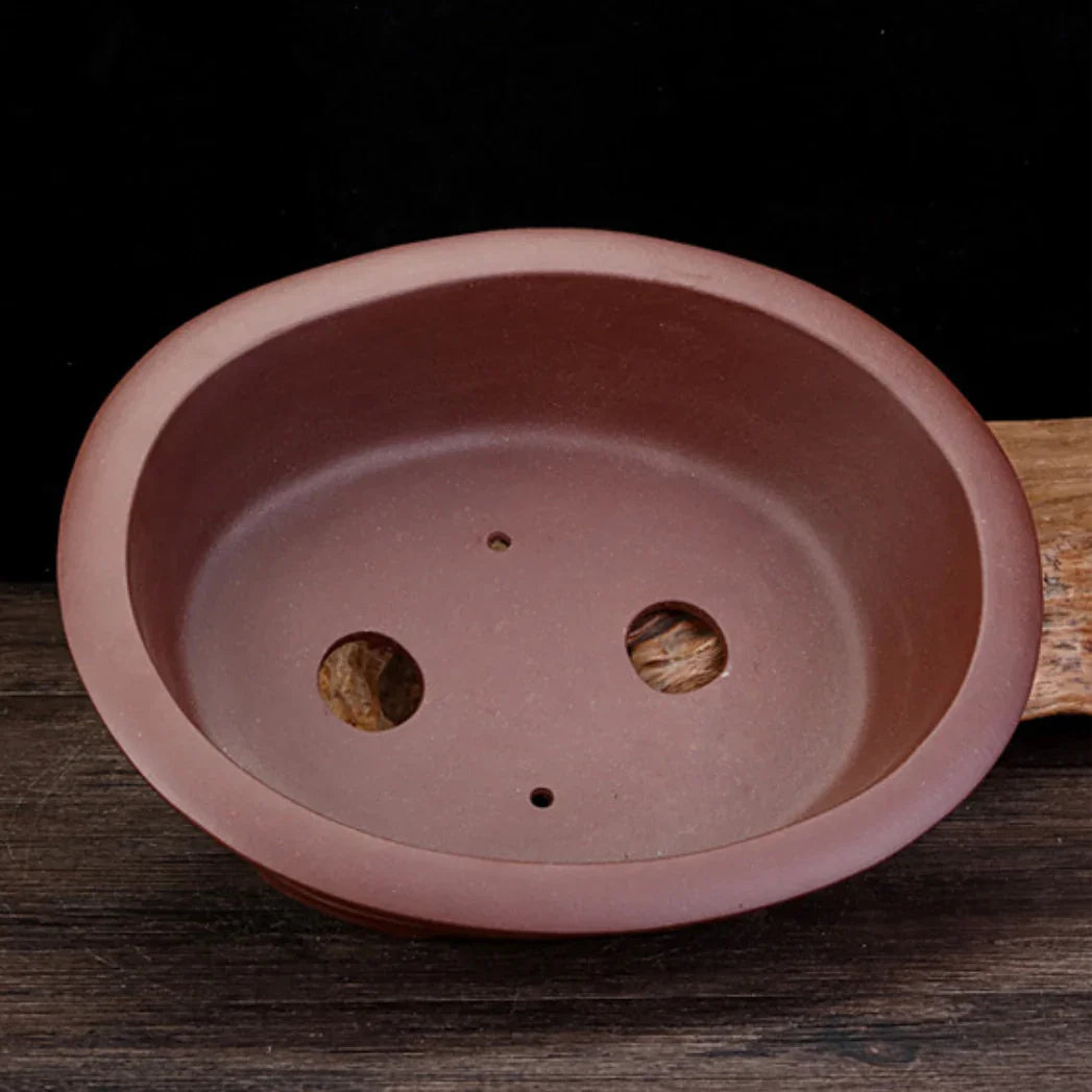 13.7 inch (35cm) Large Traditional Unglazed Oval Bonsai Pot w Raised Lines Inner View