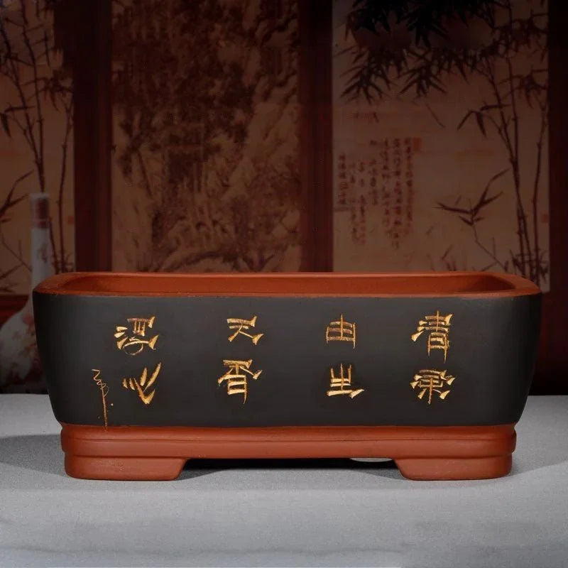 13.9" (35.5cm) Large Rectangular Elegant Bonsai Pots w Chinese Script Black Color