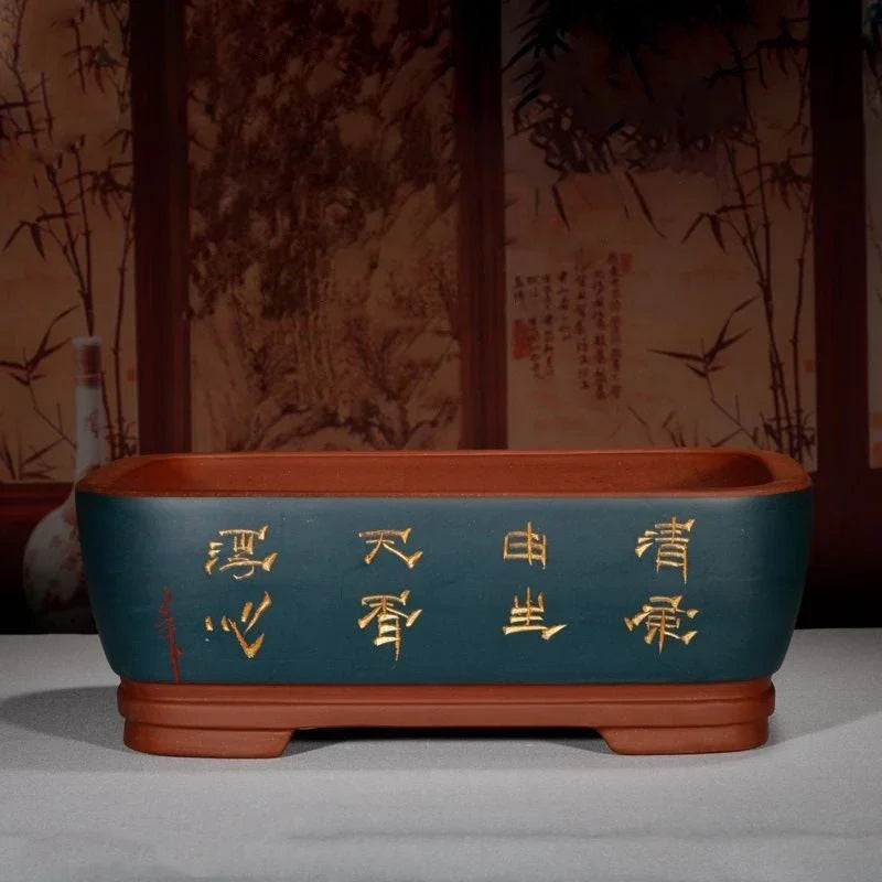 13.9" (35.5cm) Large Rectangular Elegant Bonsai Pots w Chinese Script Blue Color