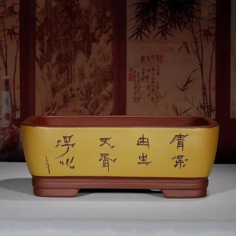13.9" (35.5cm) Large Rectangular Elegant Bonsai Pots w Chinese Script Yellow Color
