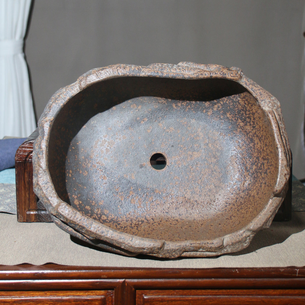 13.9" (35.5cm) Large Rustic Stone-Like Abstract Handmade Bonsai Pot Inner View