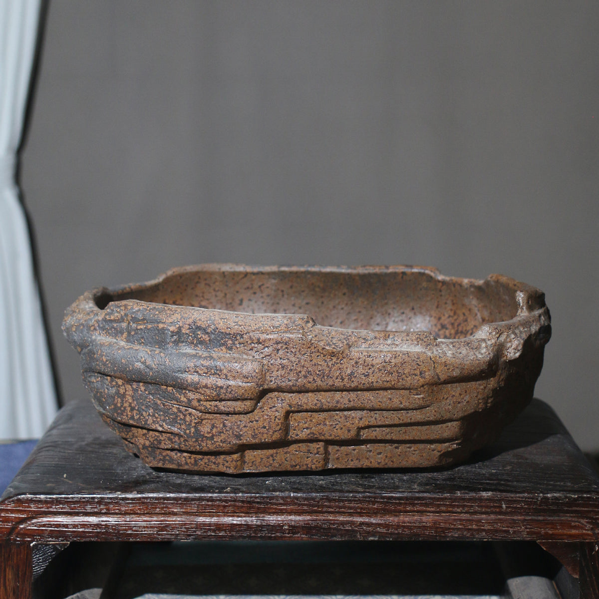 13.9" (35.5cm) Large Rustic Stone-Like Abstract Handmade Bonsai Pot Opposite Side View