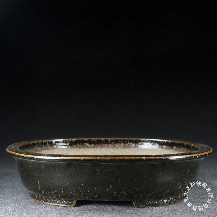 13.9 inch (35.4cm) Large Oval Taisho Kiln Jun Glaze Black Multi-Tone Bonsai Pot