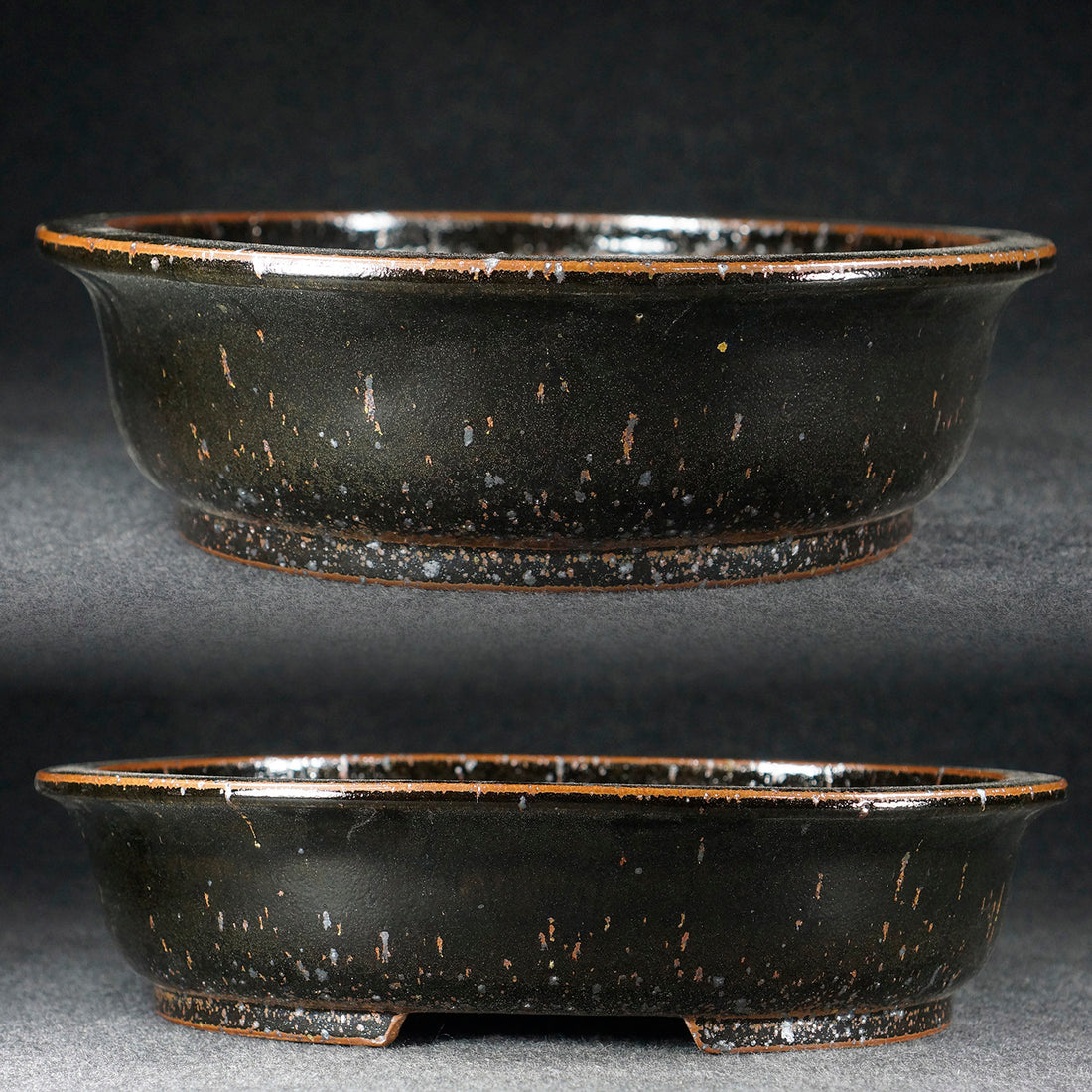 13.9 inch (35.4cm) Large Oval Taisho Kiln Jun Glaze Black Multi-Tone Bonsai Pot
