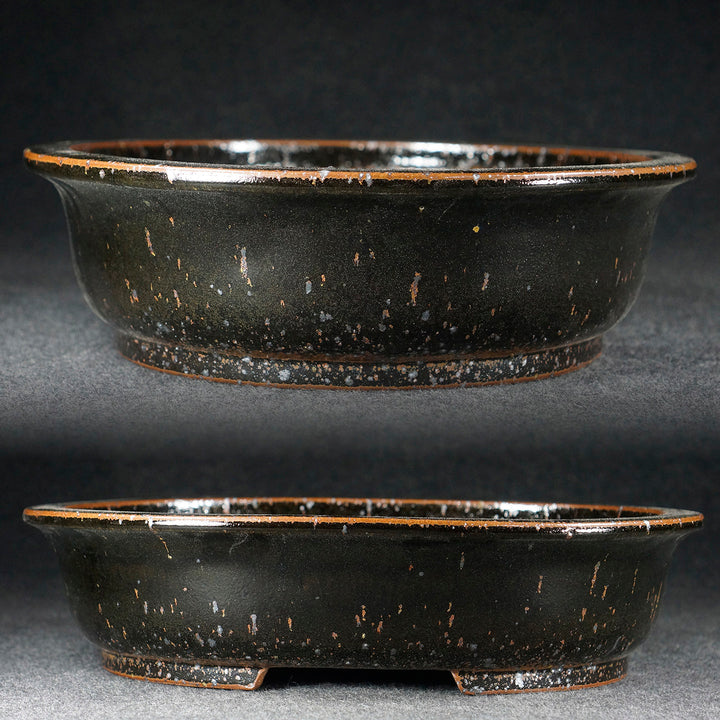 13.9 inch (35.4cm) Large Oval Taisho Kiln Jun Glaze Black Multi-Tone Bonsai Pot