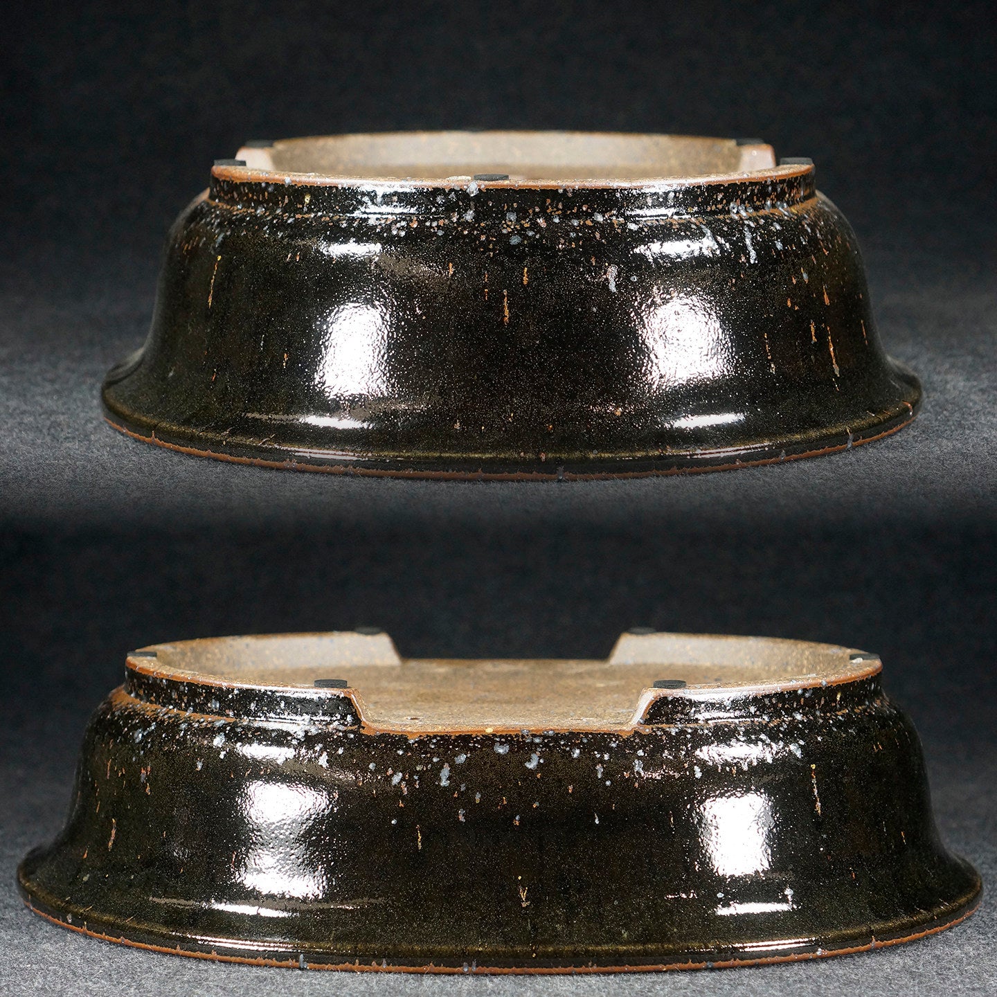 13.9 inch (35.4cm) Large Oval Taisho Kiln Jun Glaze Black Multi-Tone Bonsai Pot Upside Down View